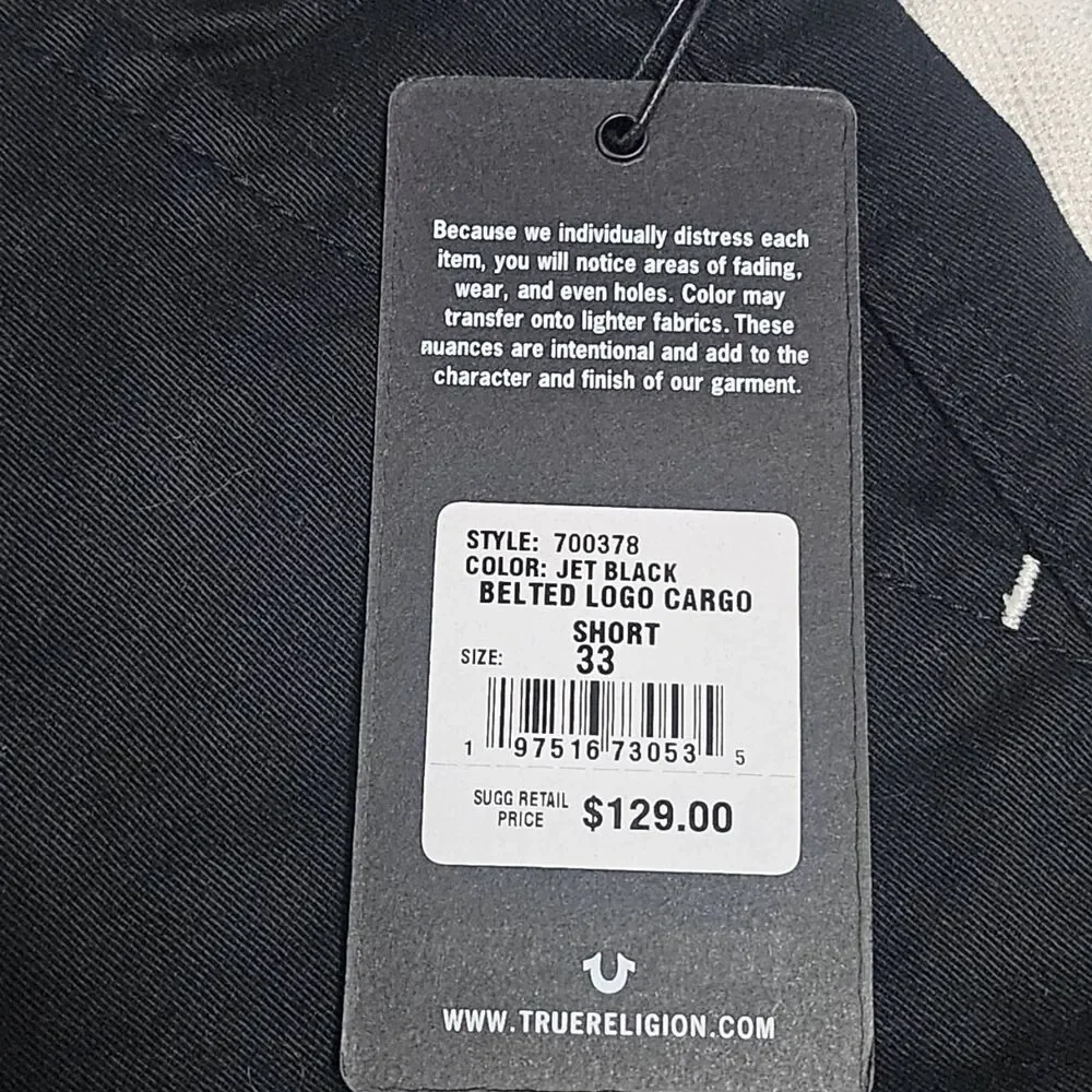 TRUE RELIGION Black Cargo Shorts‎ Detachable Belt Streetwear 700378 Men's 33